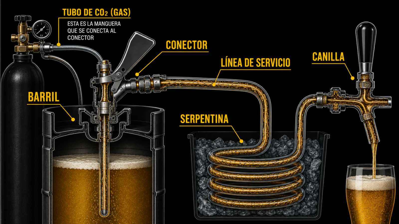 Diagrama del sistema de una chopera de cerveza: barril, conector, línea de servicio, serpentina y canilla