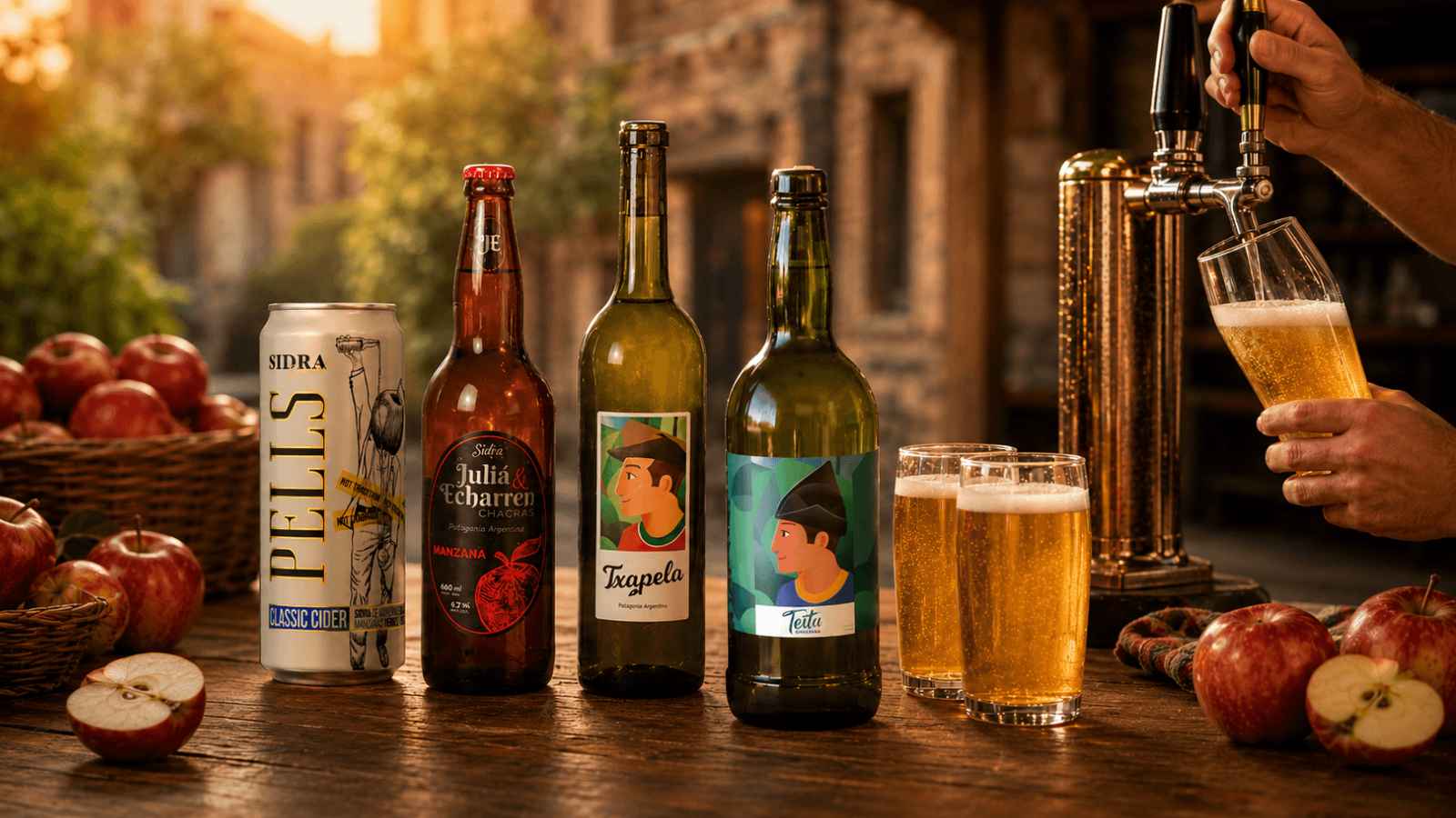 sidras en lata, botella y tirada de canilla